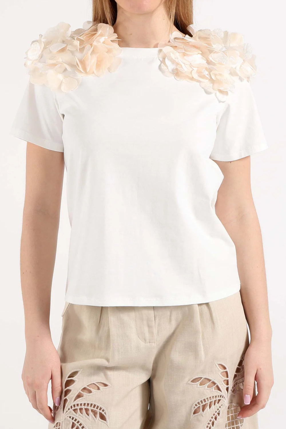 Amosa T-shirt Donna con Fiori a Contrasto A26SSTS77 /BIANCO Amosa