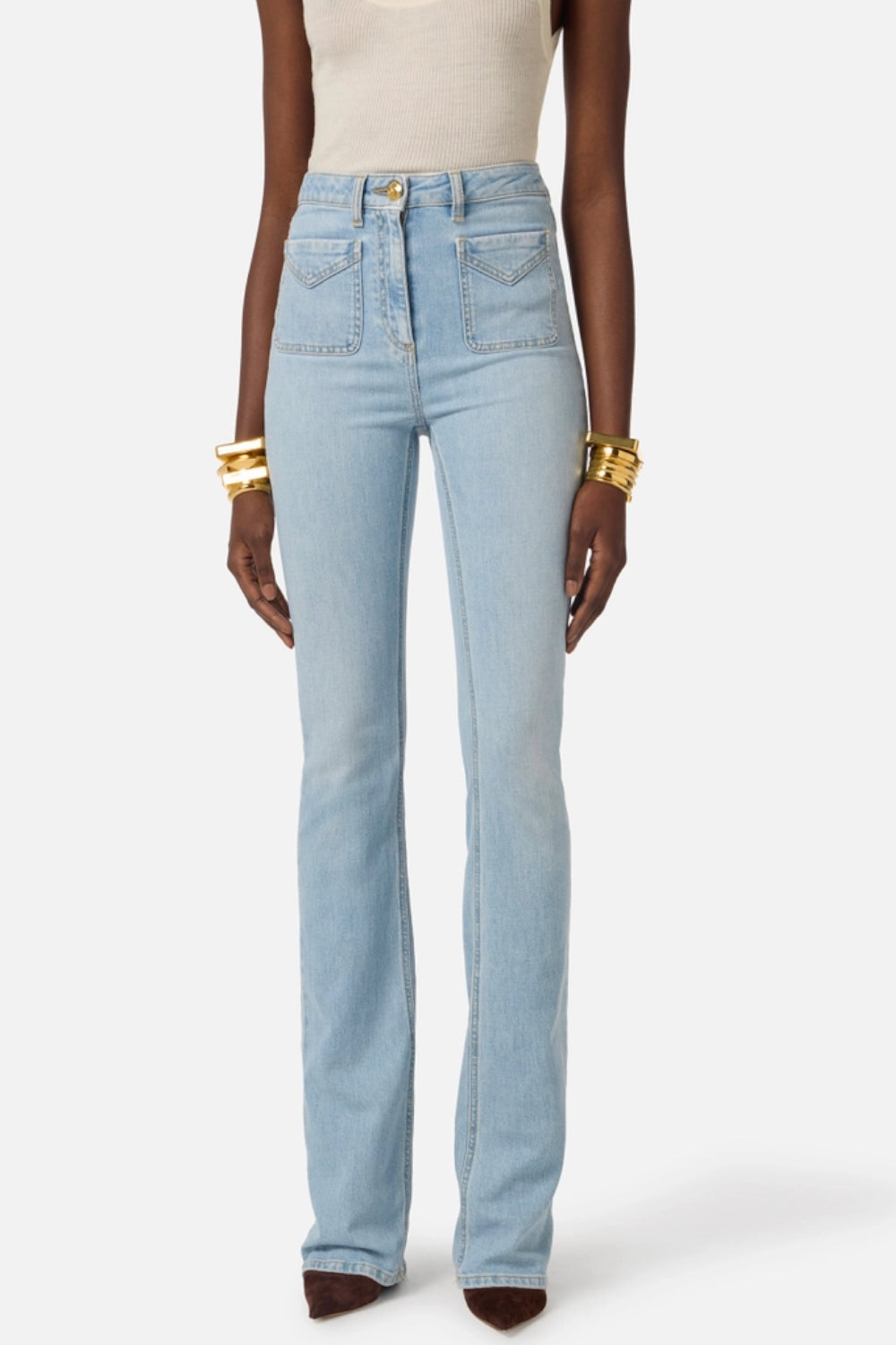 Pantaloni Elisabetta Franchi in Denim a Zampetta con Dettagli Dorati<BR/> PJ24N 61E2192 Elisabetta Franchi