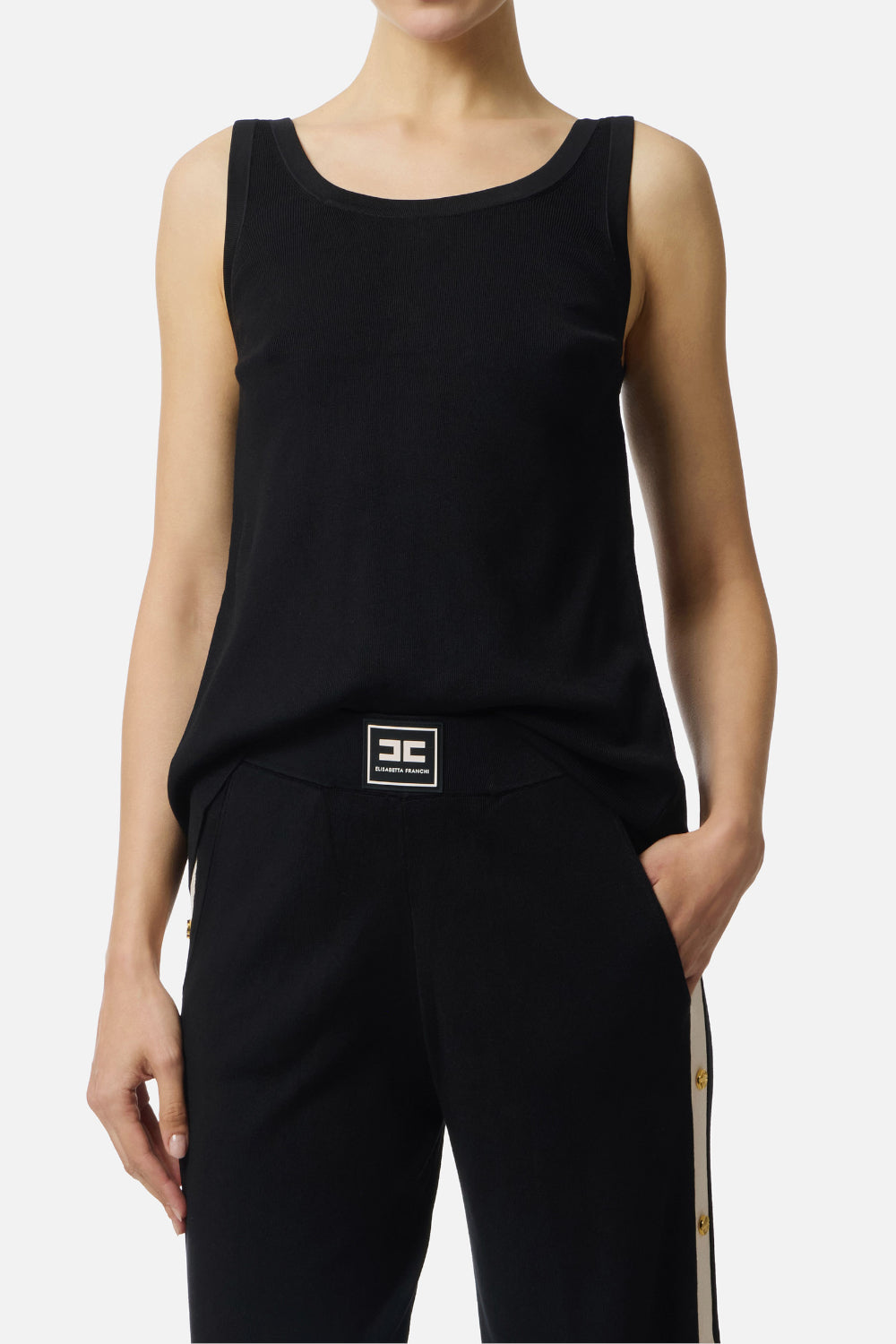 Top Smanicato Elisabetta Franchi in Maglia con Bande Lucide e Logo Jacquard TK72S 61E2685 Elisabetta Franchi