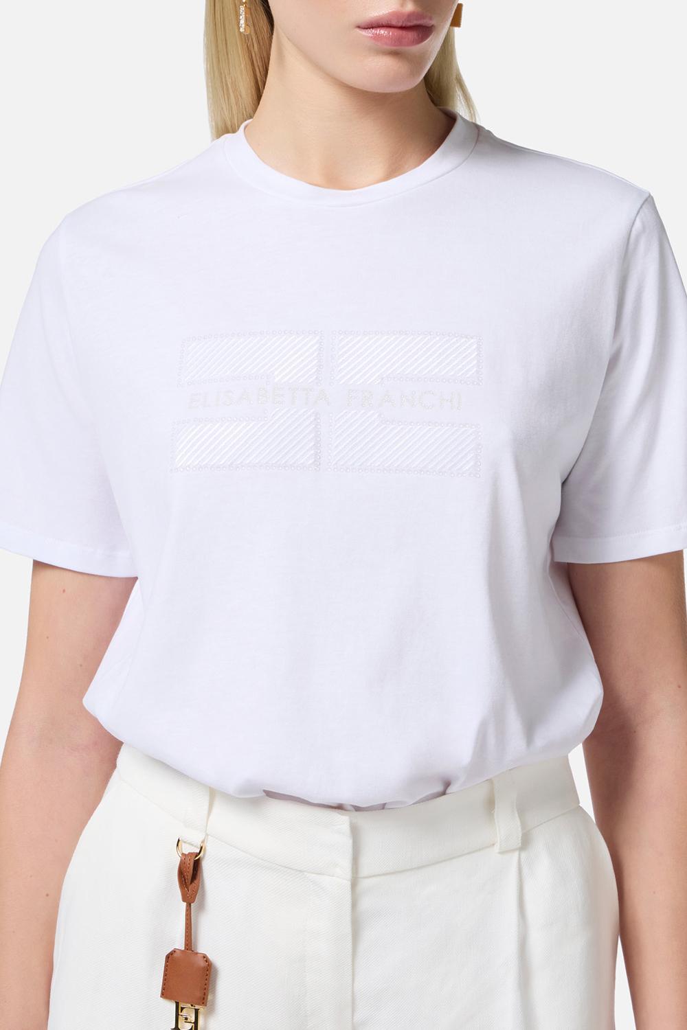 T-shirt in jersey con logo ricamato e strass<BR/> MA002 51E2270 Elisabetta Franchi