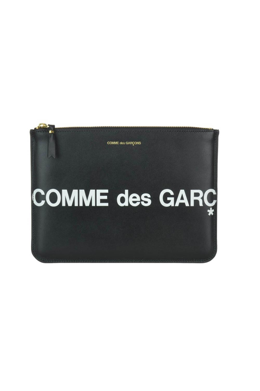 Pochette Comme des Garçons in Pelle Nera Logo Stampato con Zip Oro SA5100HL1 NERO Comme Des Garçons