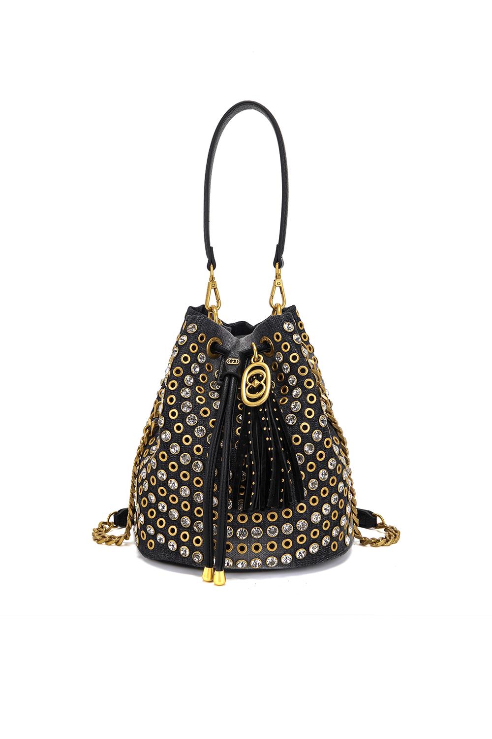 Secchiello La Carrie in ecopelle martellata con borchie e pietre cabochon 161M-EM-208-CAS /BLA La Carrie