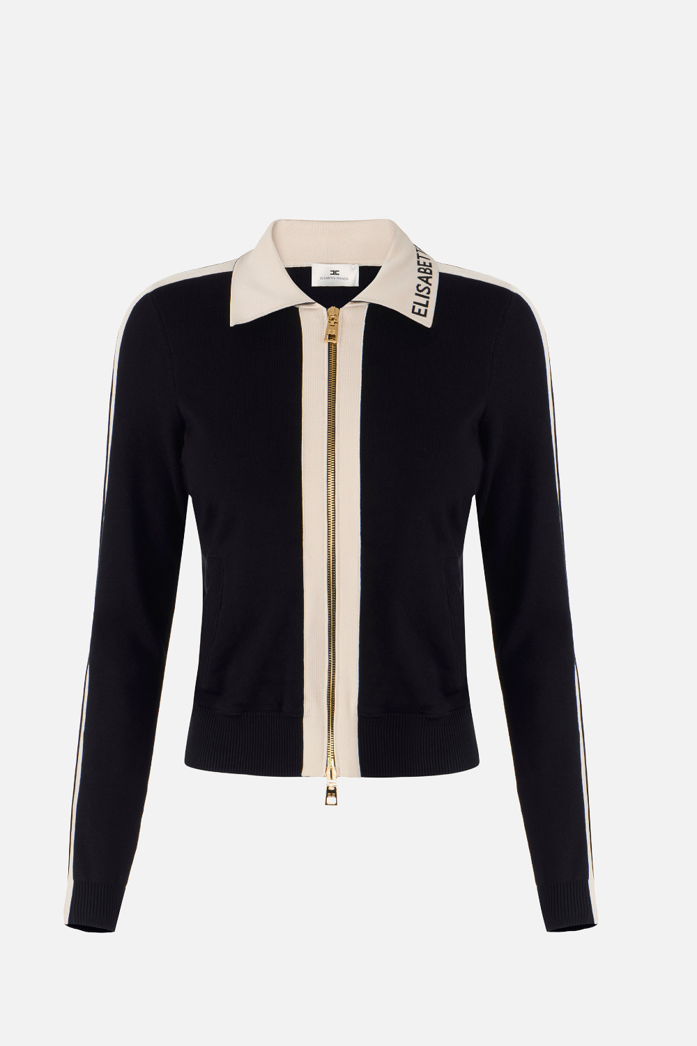 Giacca Elisabetta Franchi in Maglia con Zip Dorata, Jacquard e Bande a Contrasto MK66S 61E2685 Elisabetta Franchi