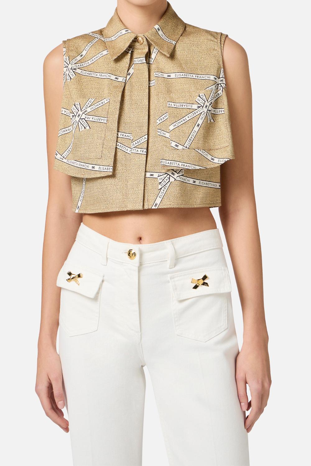 Camicia in cotone con stampa rafia e nastro<BR/> CA125 52E2BE1 Elisabetta Franchi