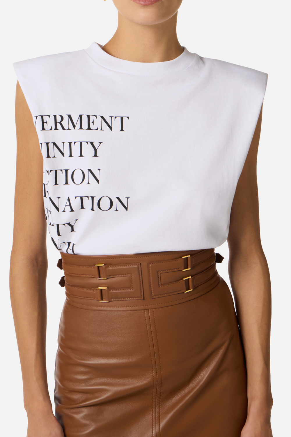Maglietta Smanicata Elisabetta Franchi in Jersey con Spalle Strutturate e Stampa Lettering MA70P 61E2270 Elisabetta Franchi