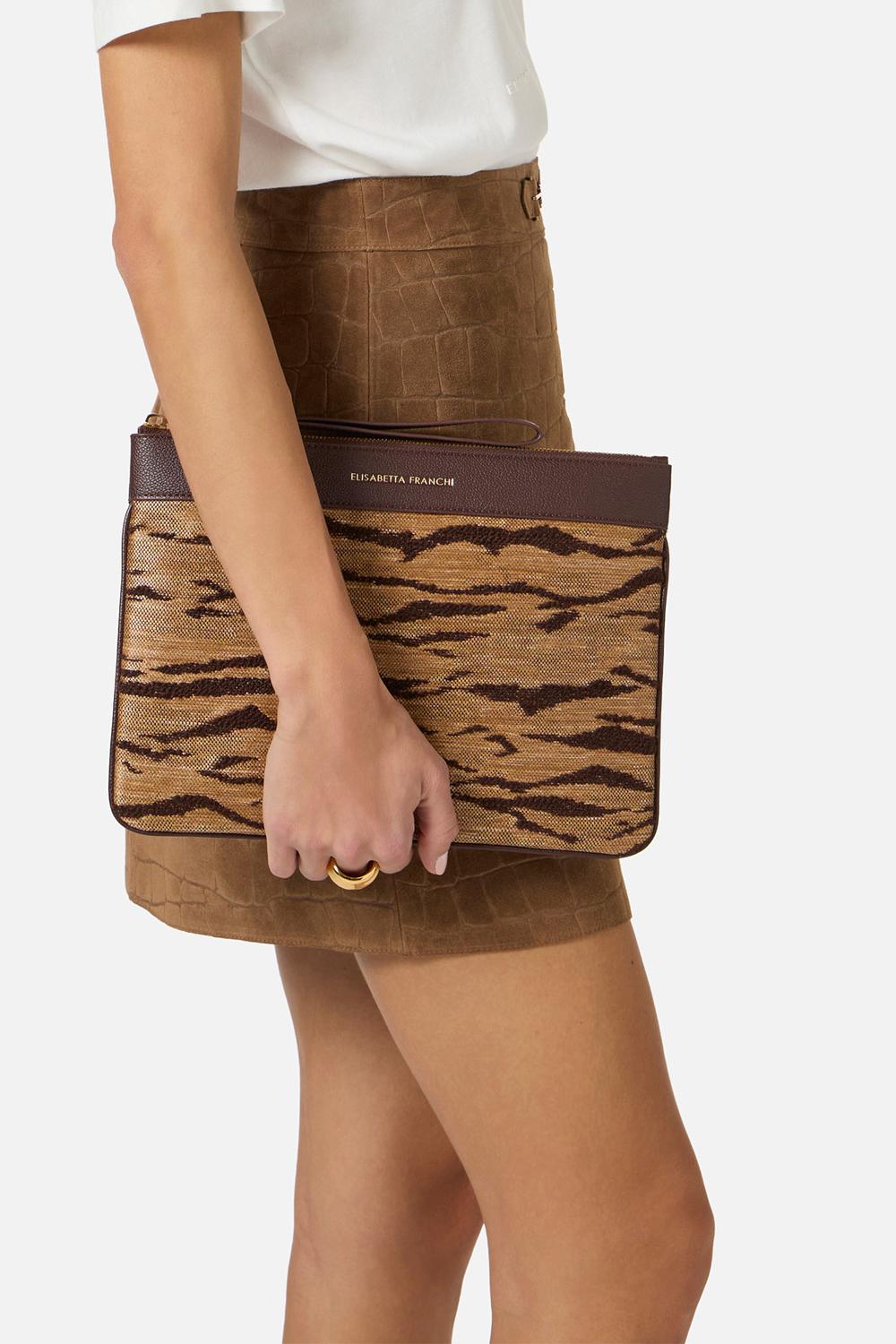 Pouch Donna con Stampa Tigre in Tessuto Effetto Raffia BS12A 62E2470 Elisabetta Franchi