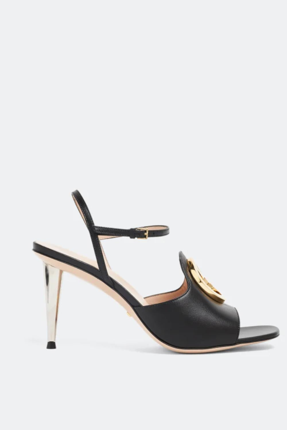 Sandali Gucci Blondie in Pelle Nera Tacco a Spillo Effetto Specchio 723396 C9D001000 Gucci