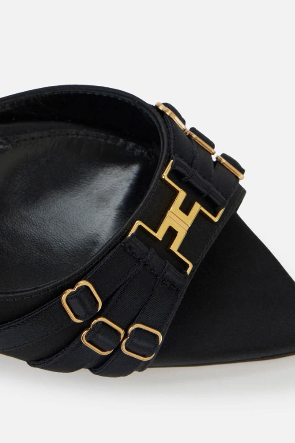 Mules in Pelle e Raso con Logo in Metallo SA76L 62E2110 Elisabetta Franchi