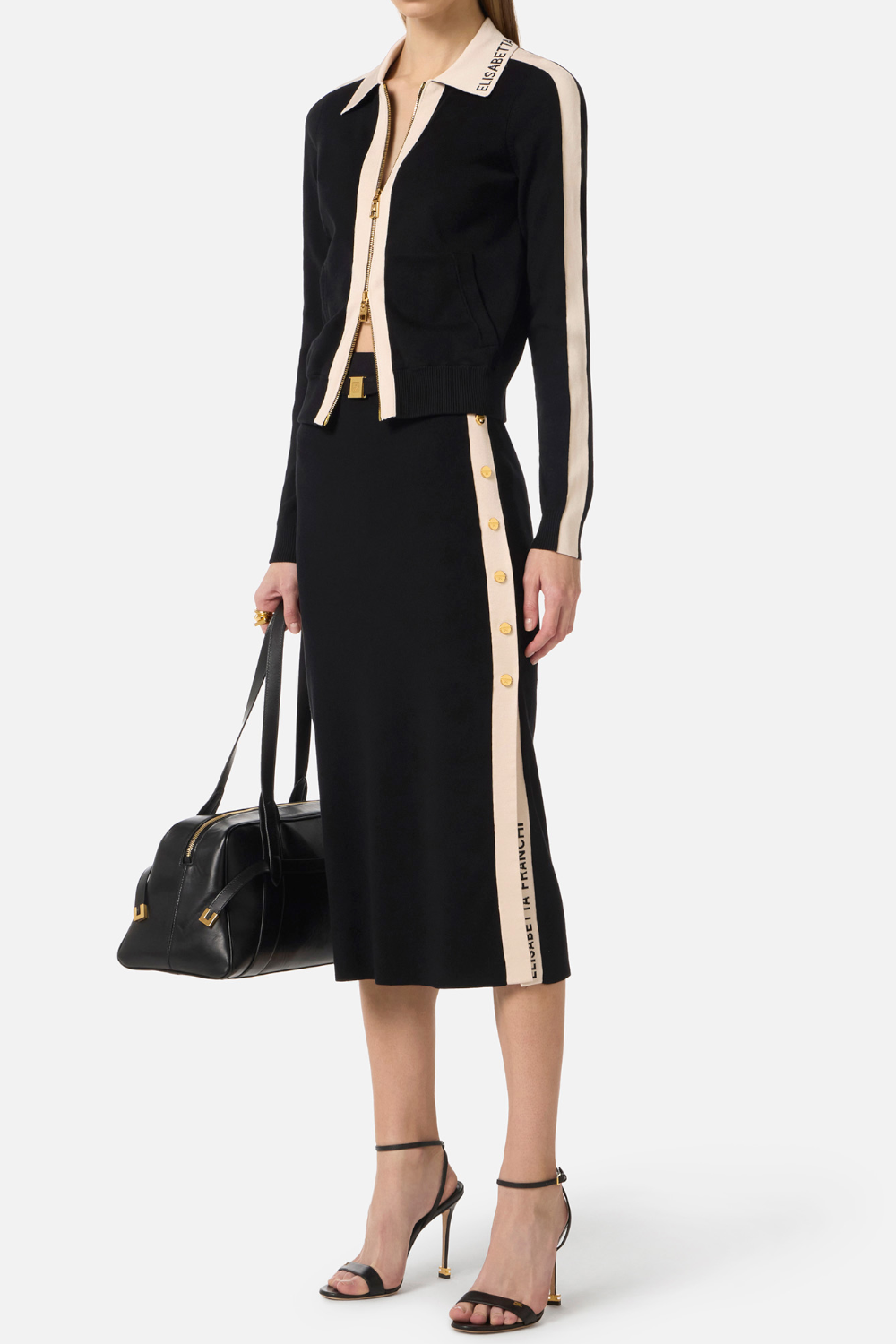 Giacca Elisabetta Franchi in Maglia con Zip Dorata, Jacquard e Bande a Contrasto MK66S 61E2685 Elisabetta Franchi