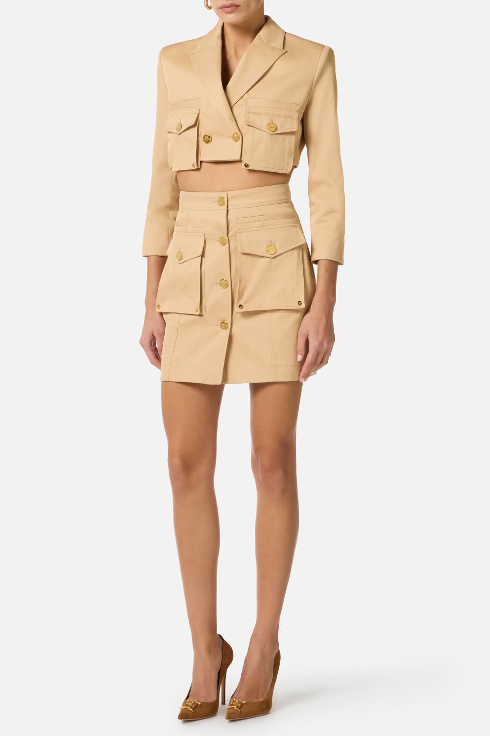 Giacca Crop Elisabetta Franchi in Gabardina di Cotone con Bottoni Dorati<BR/> GI221 61E2470 Elisabetta Franchi