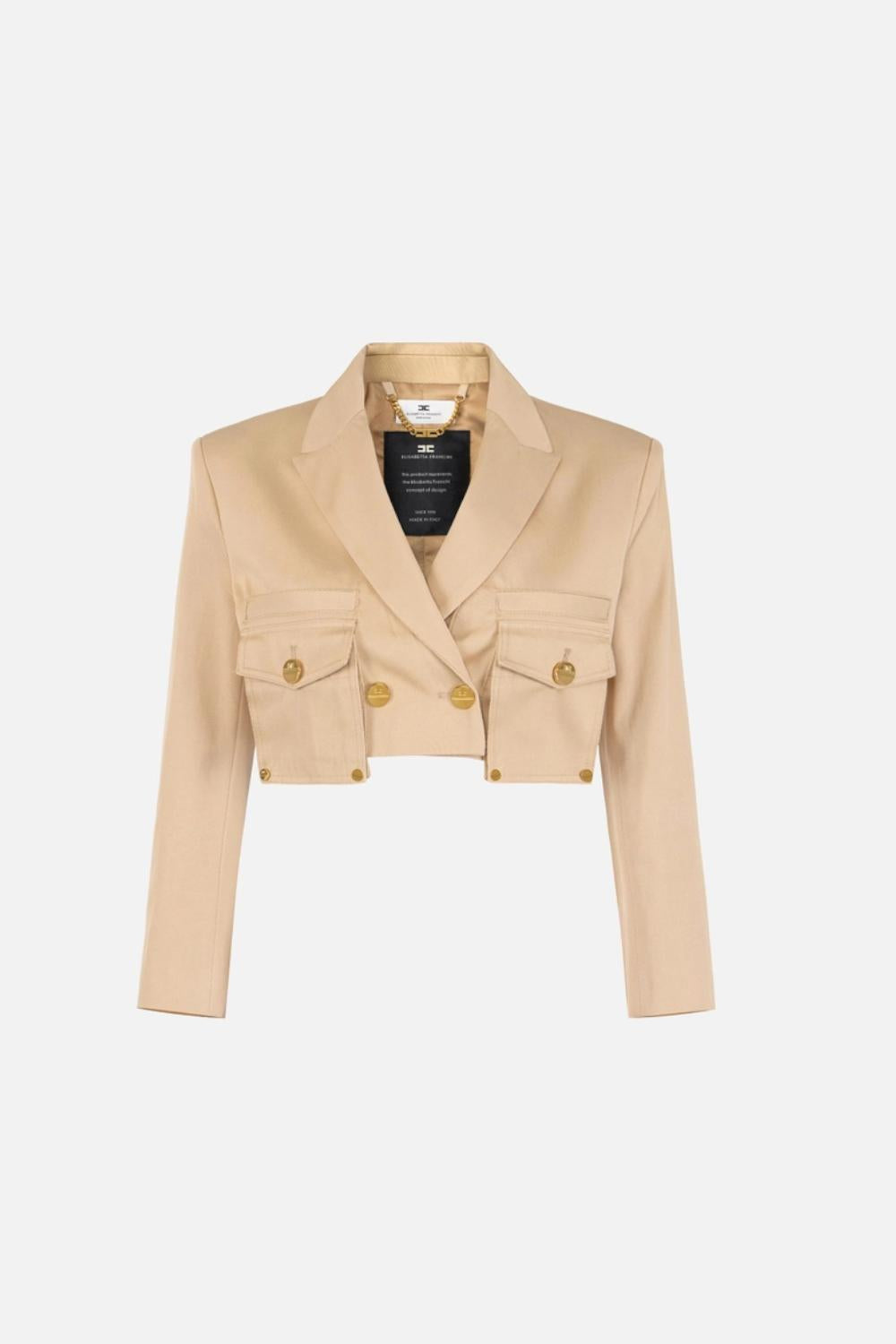 Giacca Crop Elisabetta Franchi in Gabardina di Cotone con Bottoni Dorati<BR/> GI221 61E2470 Elisabetta Franchi