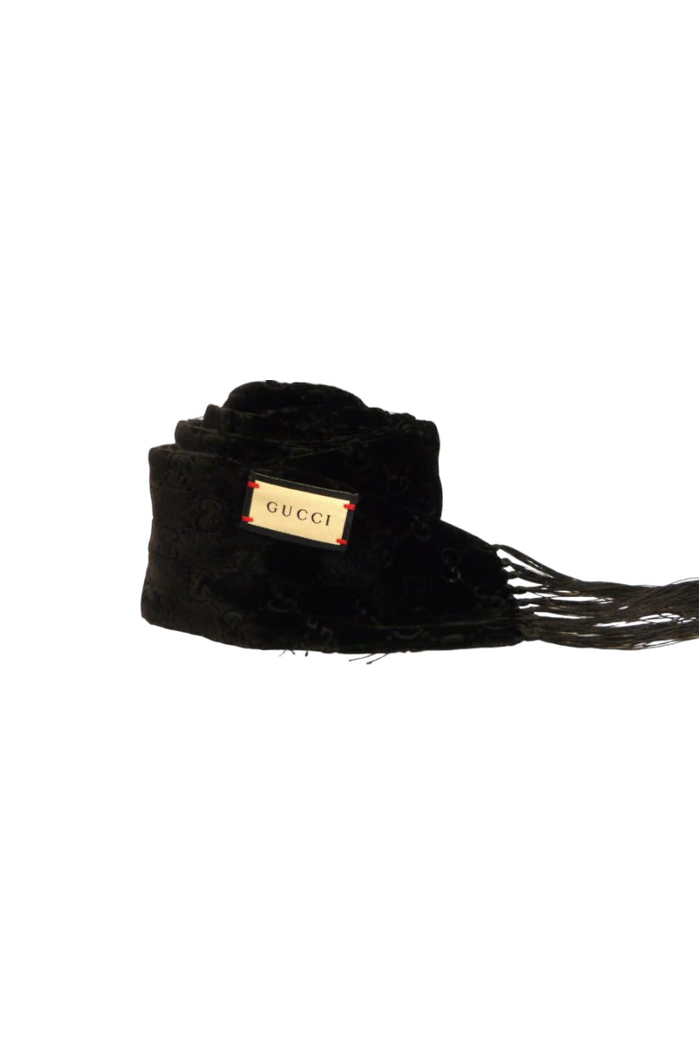 Sciarpa Gucci Sottile Nera in Misto Seta Motivo Monogram con Frange 6693613GAF3 /1000 Gucci