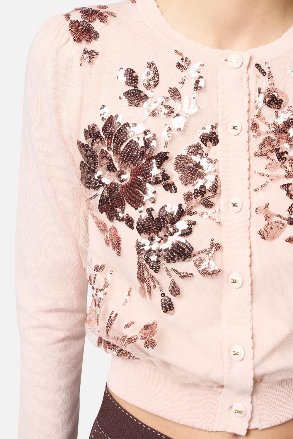 Cardigan in cotone con paillettes ricamate<BR/> MK82S 52E2AR6 Elisabetta Franchi