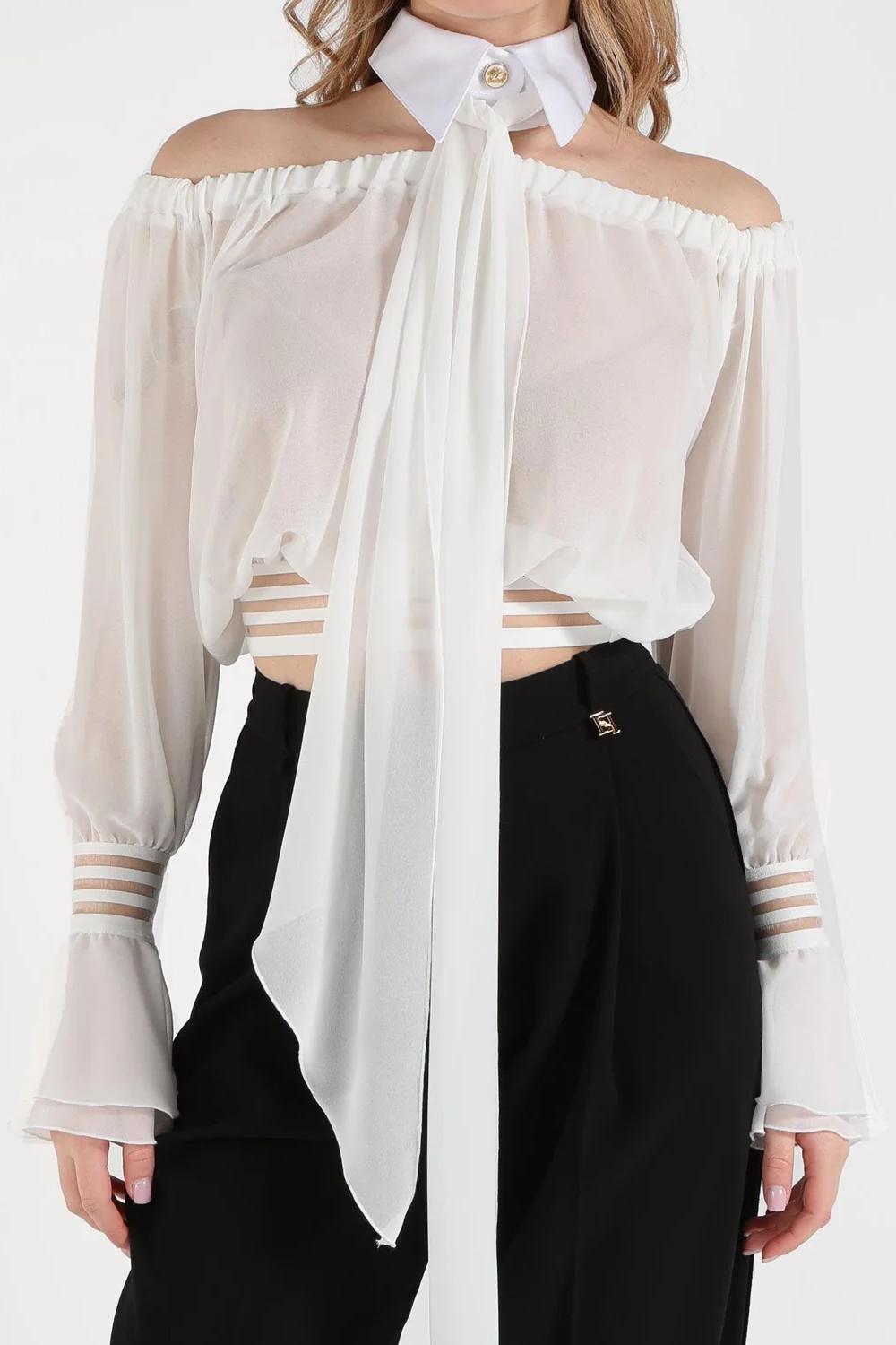 Blusa Elisabetta Franchi in Chiffon con Collo Gioiello e Vita Fasciata CA135 61E2X88 Elisabetta Franchi