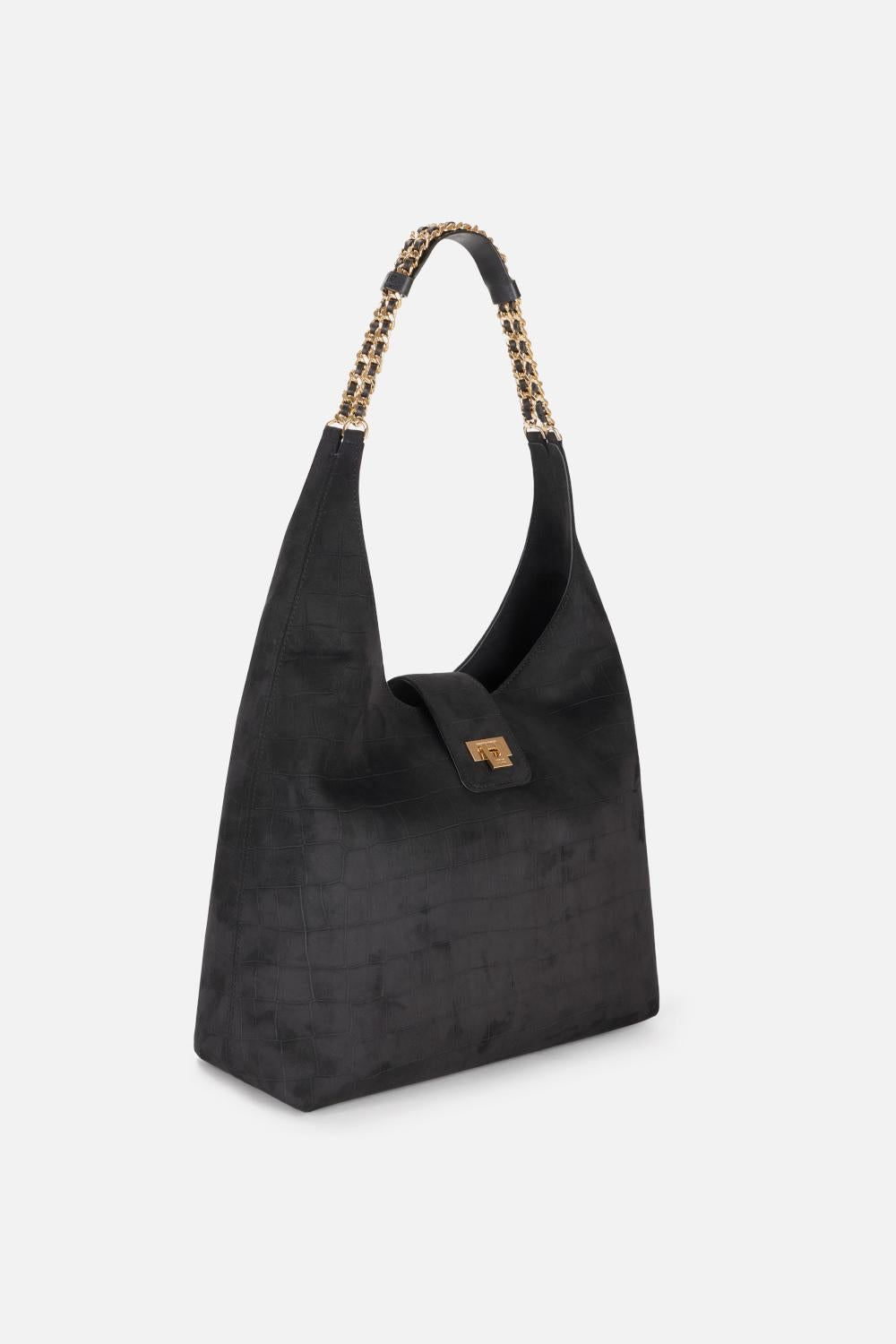 Borsa Hobo Elisabetta Franchi in Suede con Stampa Cocco e Catene Dorate BS01A 61E2110 Elisabetta Franchi