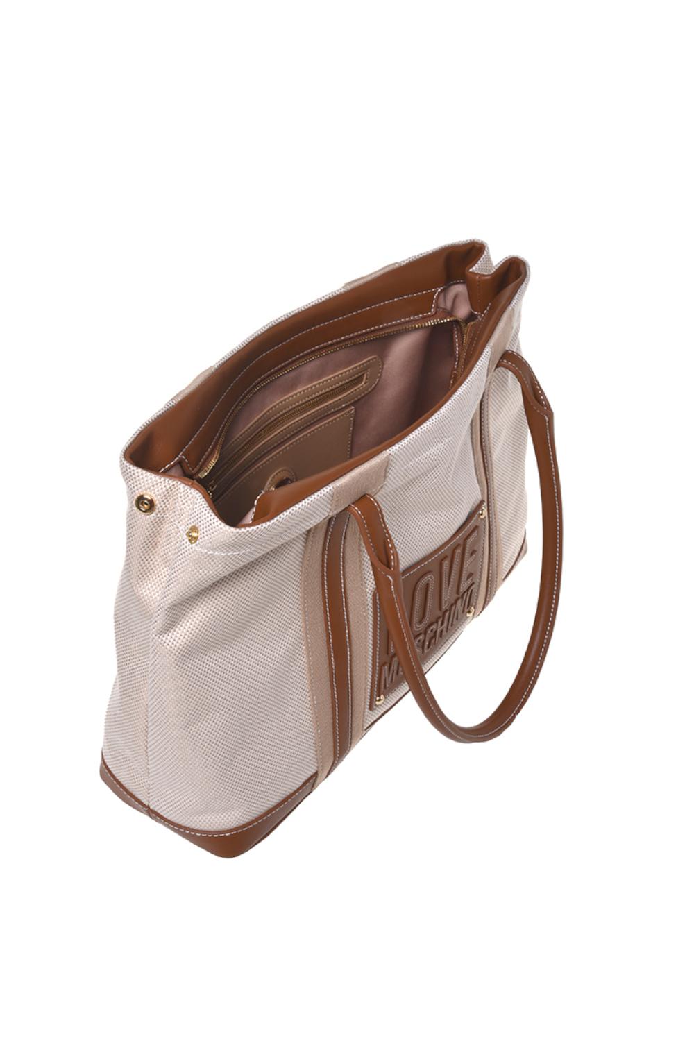 Borsa shopper Love Moschino in canvas beige ed ecopelle cuoio con logo lettering JC4064PP1O LZ110A Love Moschino