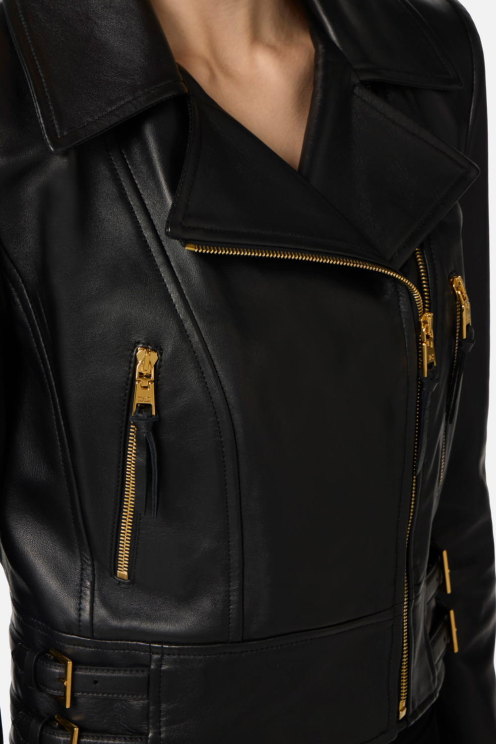 Chiodo Elisabetta Franchi in Pelle con Zip Asimmetrica e Dettagli Dorati GD57Z 61E2110 Elisabetta Franchi