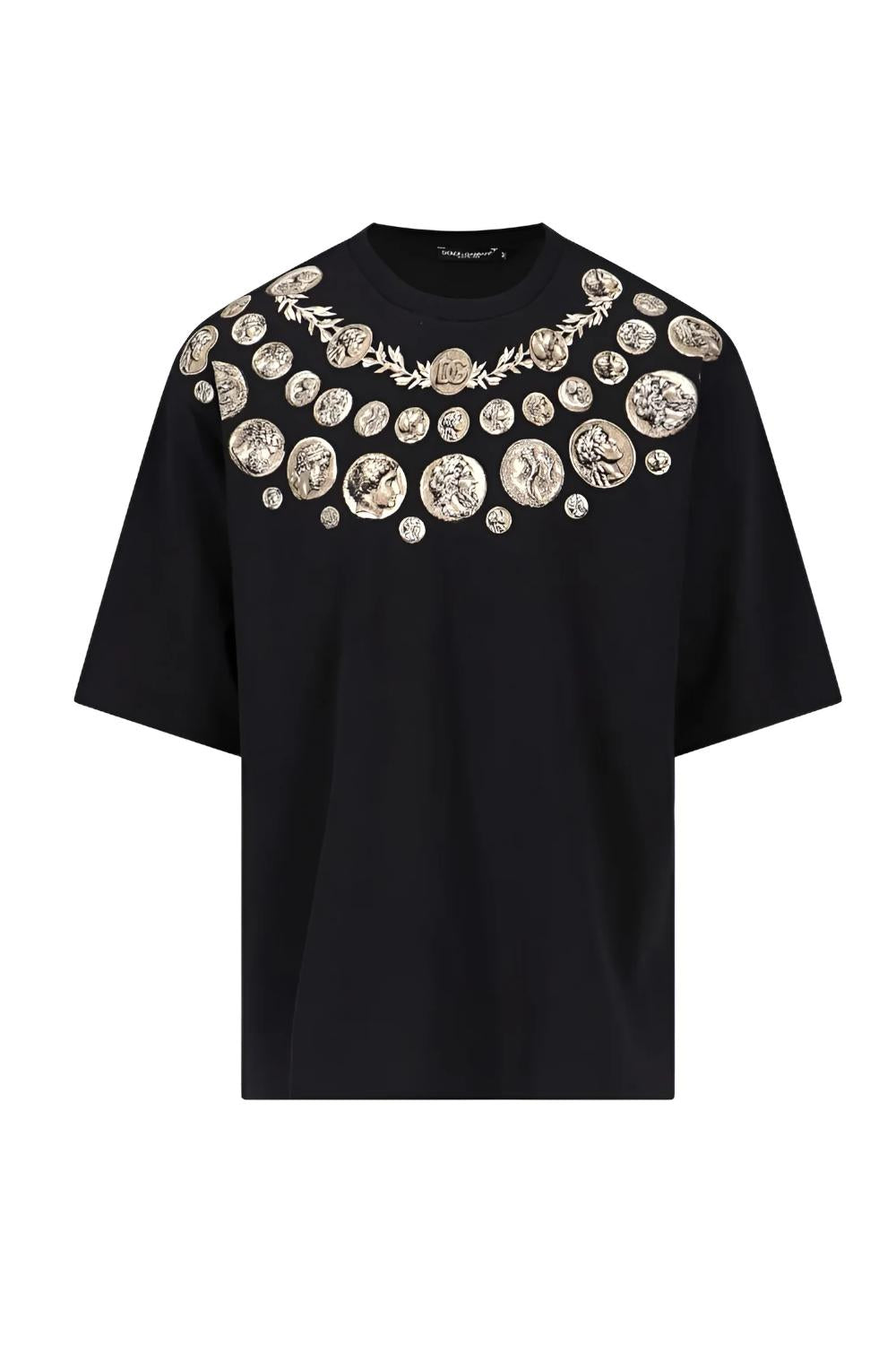 Dolce&Gabbana T-shirt Nera Uomo con Motivo Monete Stile Iconico e Raffinato G8PB8T HU7PMHN4RG Dolce & Gabbana