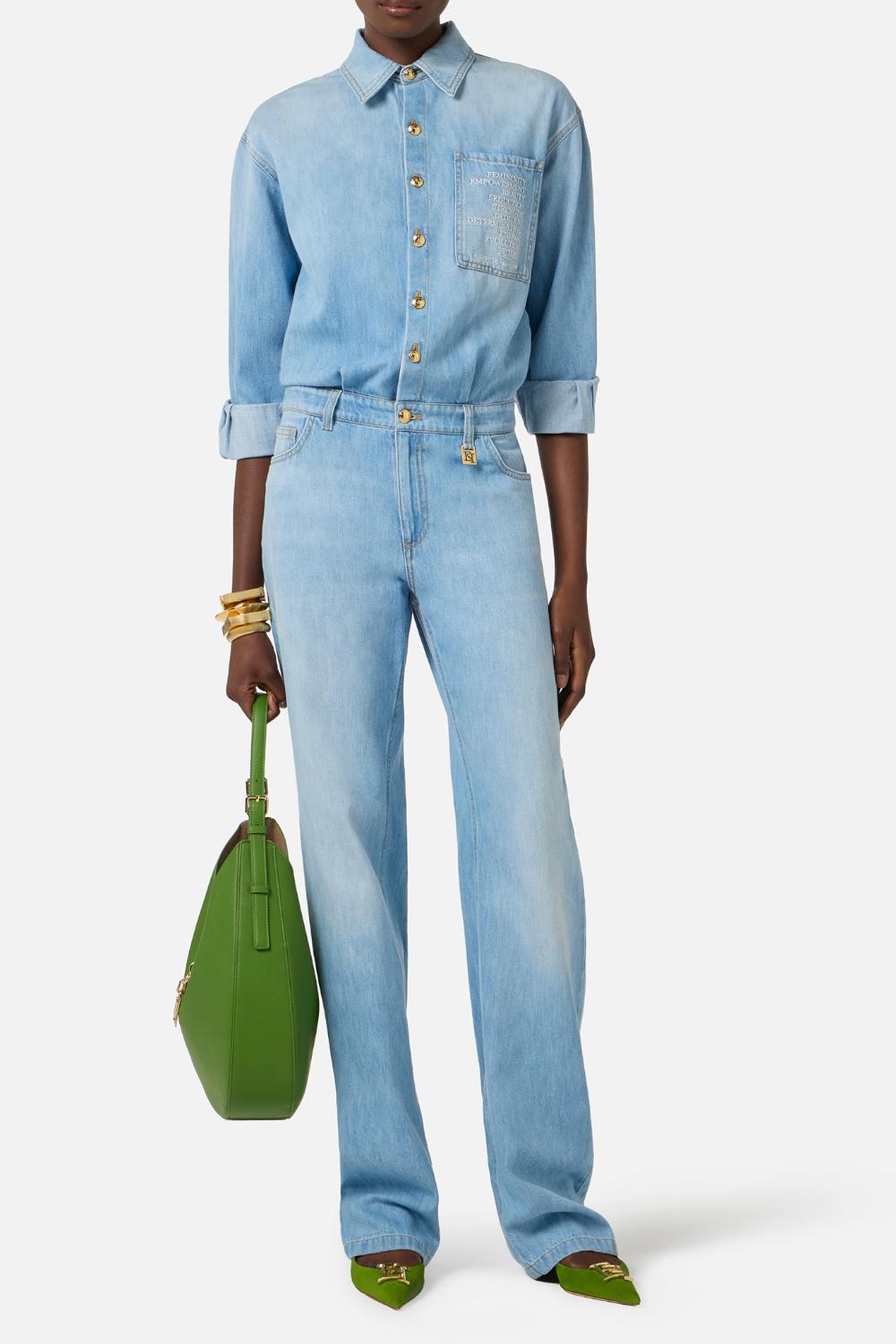 Tuta in Denim Elisabetta Franchi con Lettering e Dettagli Logo TJ44D 61E2192 Elisabetta Franchi