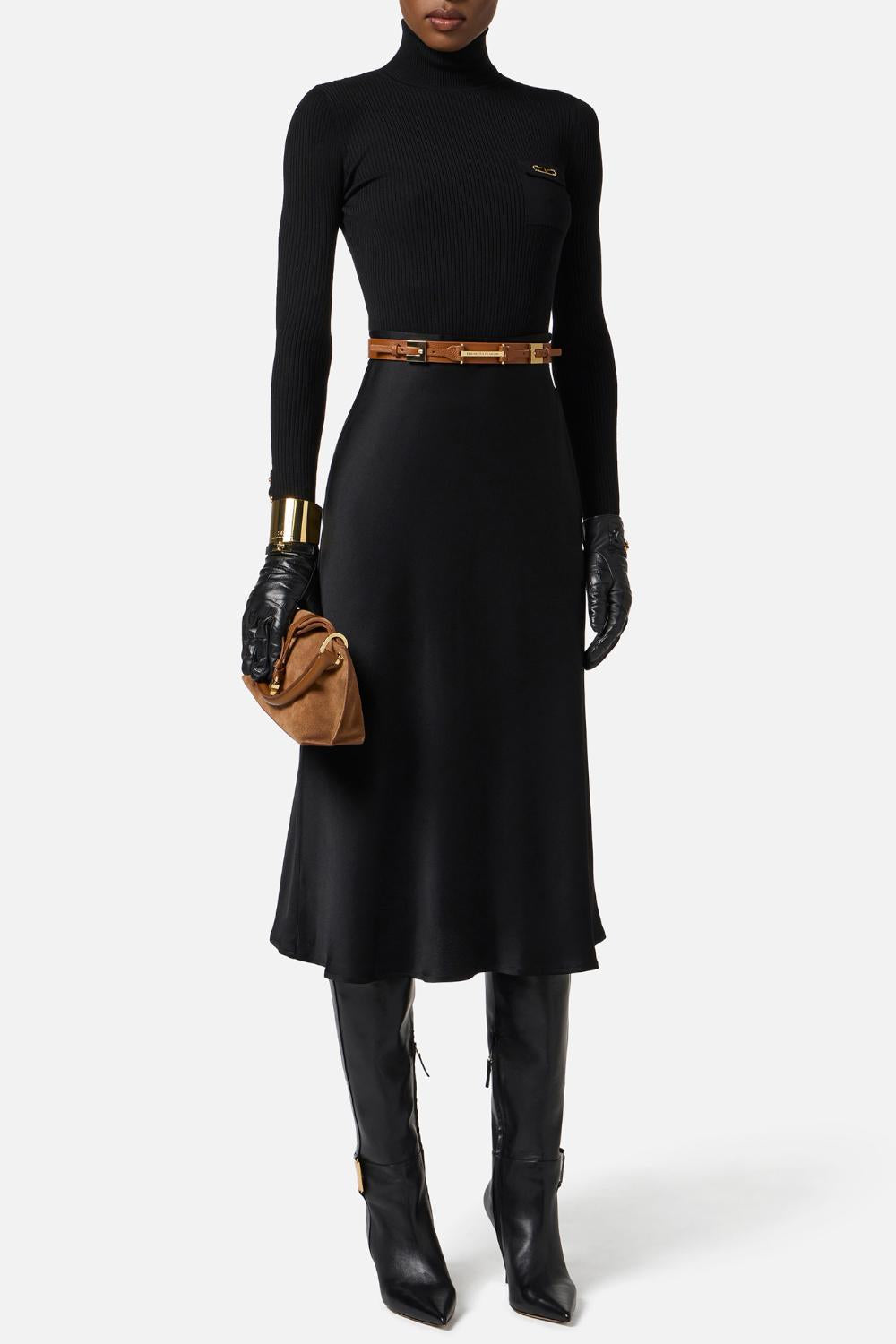 Abito in maglia a costine e raso con taschino AM06B 56E2110 Elisabetta Franchi