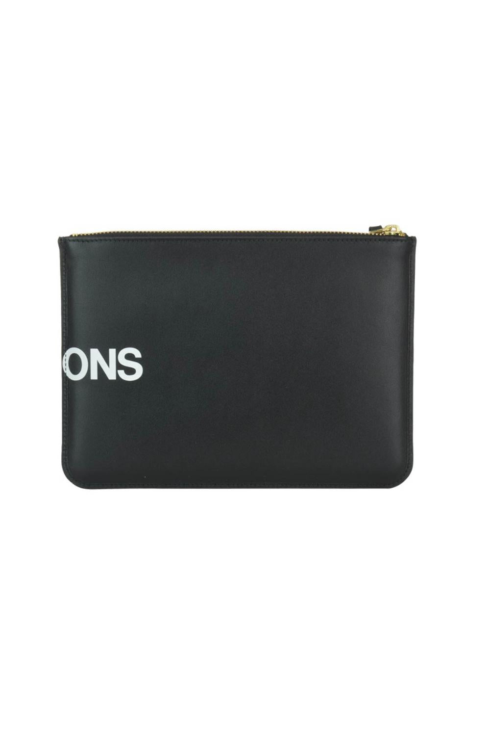 Pochette Comme des Garçons in Pelle Nera Logo Stampato con Zip Oro SA5100HL1 NERO Comme Des Garçons