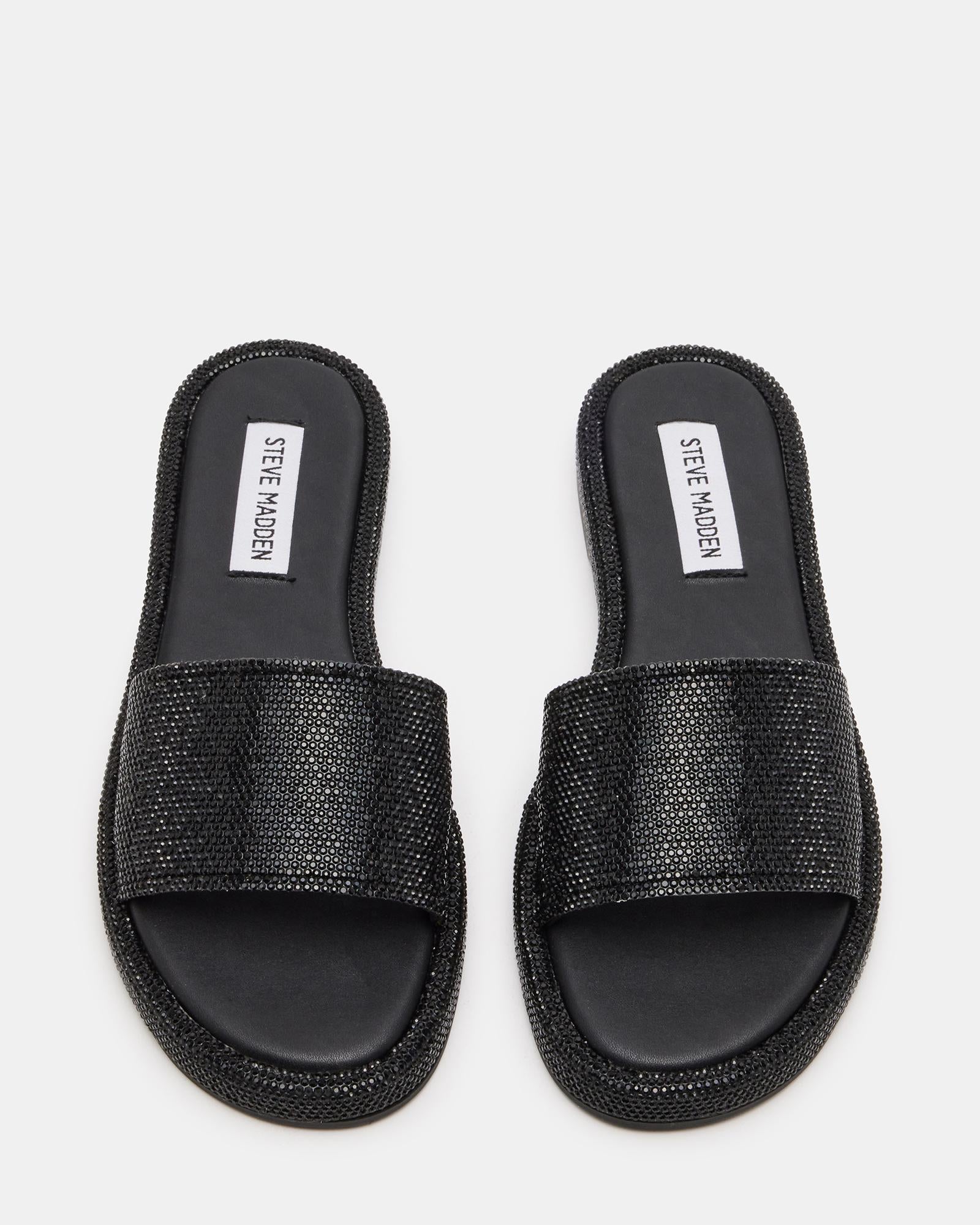 ciabatta piatta con suola in ecopelle. fascia alta sul piede. tempestata di strass in tono ACHIEVE BLACK Steve Madden