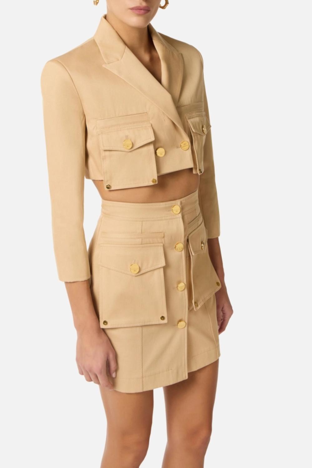 Giacca Crop Elisabetta Franchi in Gabardina di Cotone con Bottoni Dorati<BR/> GI221 61E2470 Elisabetta Franchi