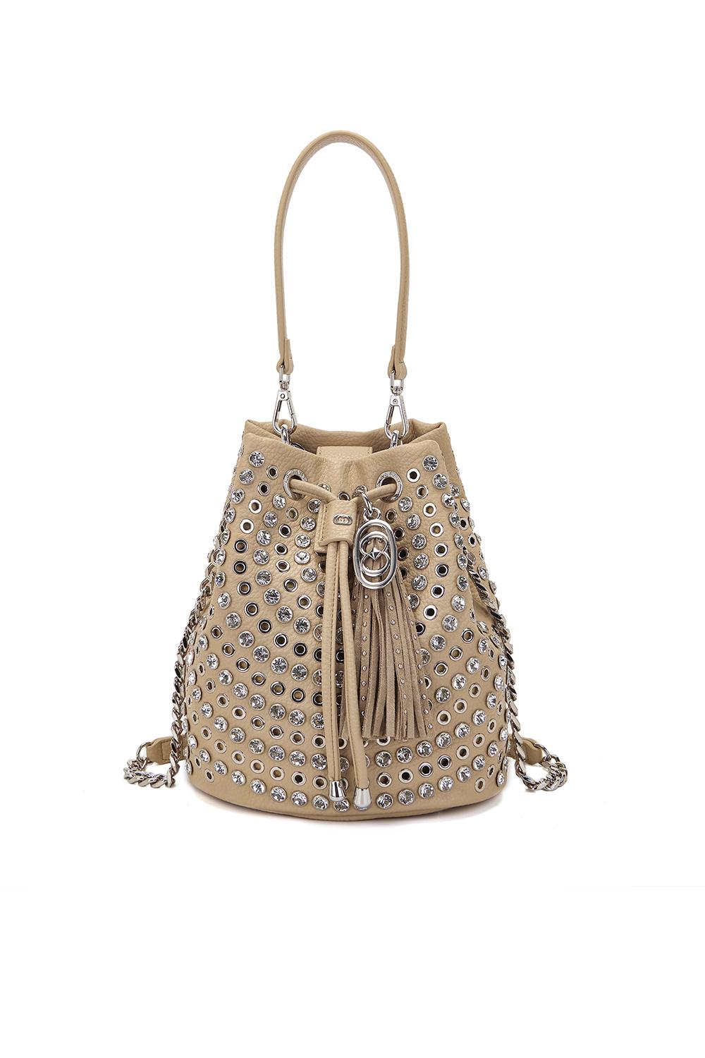 Secchiello La Carrie in ecopelle martellata con borchie e pietre cabochon 161M-EM-208-TBS /BEI La Carrie