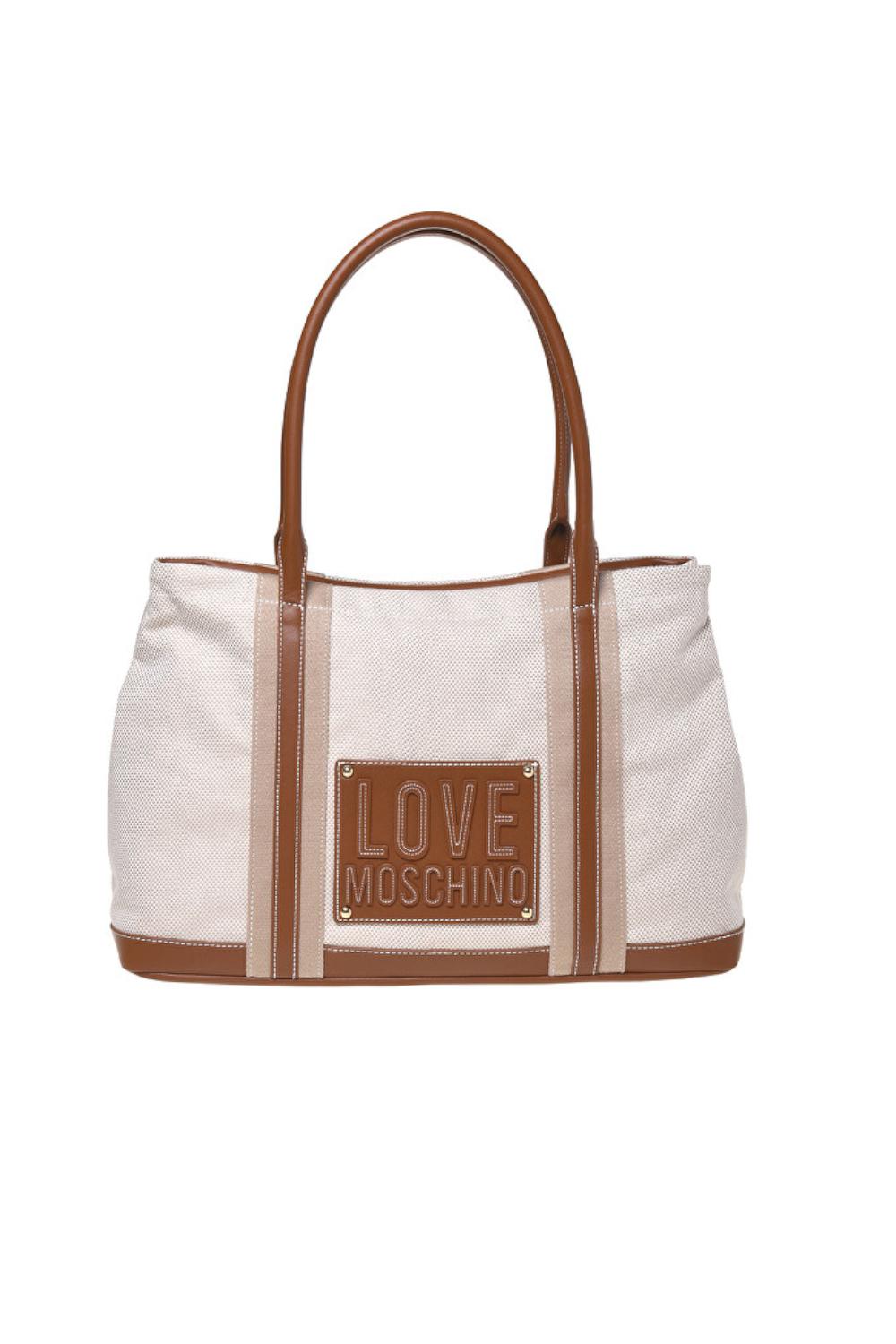 Borsa shopper Love Moschino in canvas beige ed ecopelle cuoio con logo lettering JC4064PP1O LZ110A Love Moschino