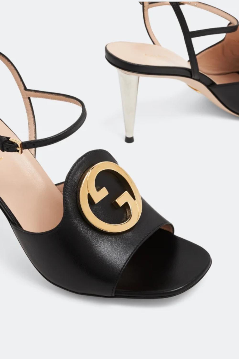 Sandali Gucci Blondie in Pelle Nera Tacco a Spillo Effetto Specchio 723396 C9D001000 Gucci