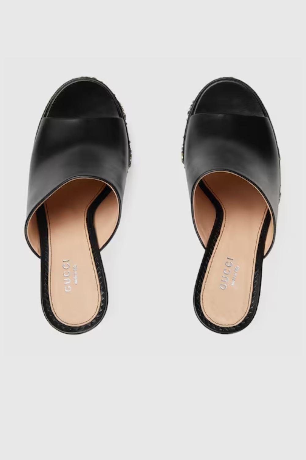 Sandali Gucci Platform in Pelle Nera Tacco a Rocchetto 115 mm con Borchie GG 74042 6C9D001000 Gucci