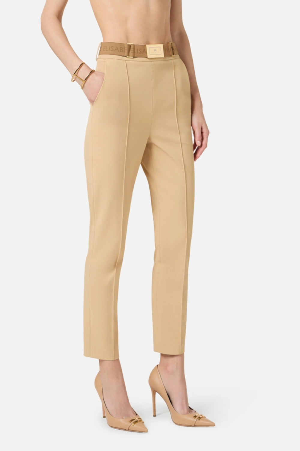 Pantaloni Elisabetta Franchi in Tessuto Tecnico Bielastico con Cintura e Logo<BR/> PA132 61E2470 Elisabetta Franchi 