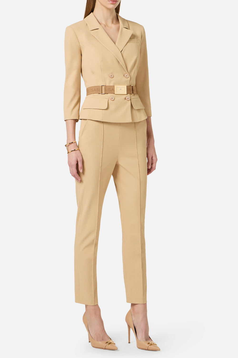Pantaloni Elisabetta Franchi in Tessuto Tecnico Bielastico con Cintura e Logo<BR/> PA132 61E2470 Elisabetta Franchi 