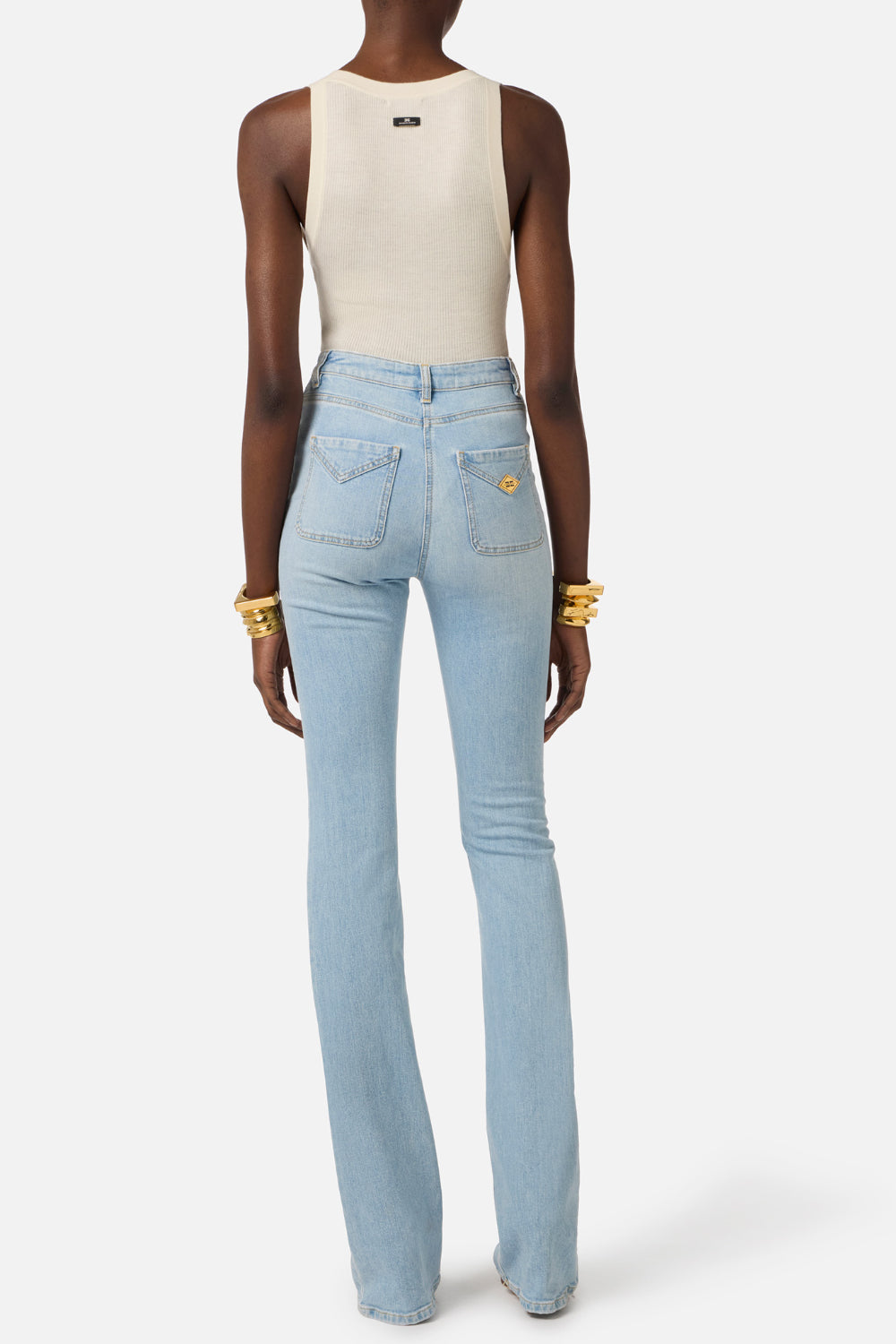 Pantaloni Elisabetta Franchi in Denim a Zampetta con Dettagli Dorati<BR/> PJ24N 61E2192 Elisabetta Franchi 