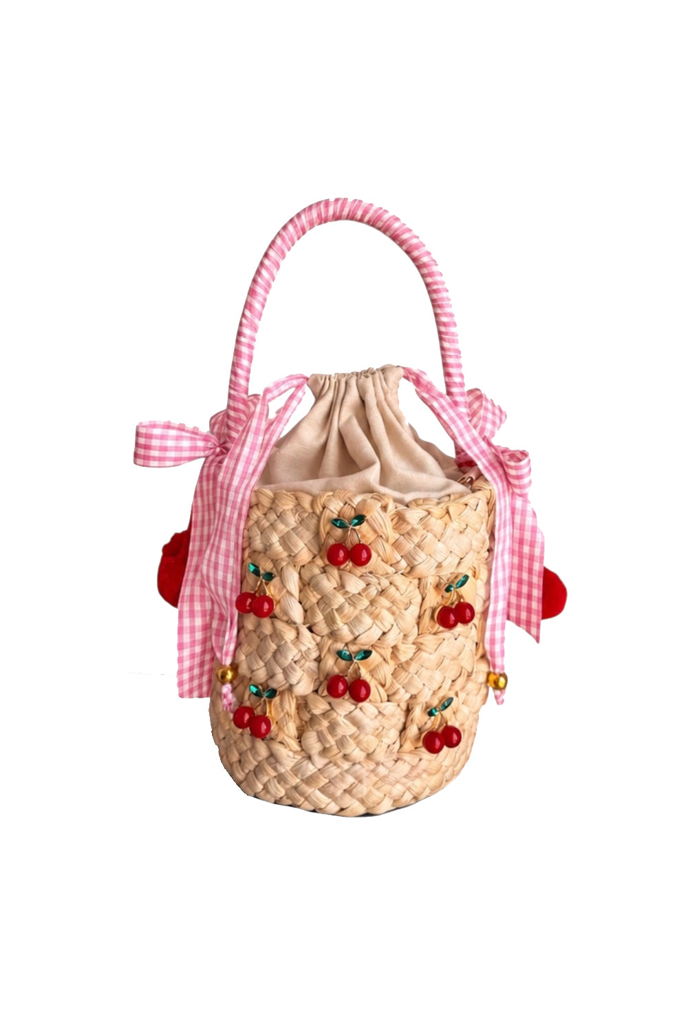 borse a secchiello in rafia intrecciata con ciliege IL CANESTRO CILIEGIA ROSA Momà Luxury 