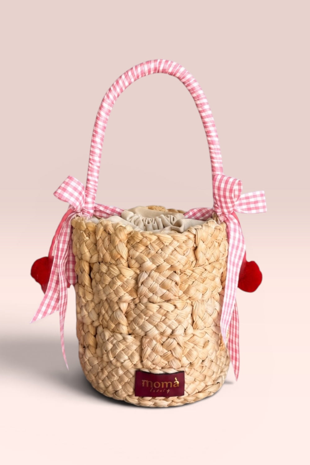 borse a secchiello in rafia intrecciata con ciliege IL CANESTRO CILIEGIA ROSA Momà Luxury 