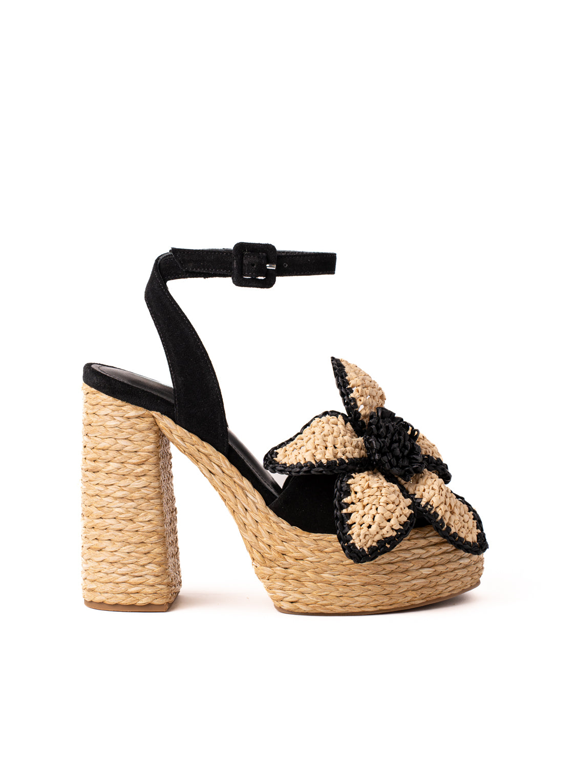 Sandalo 100% in suede con tacco rivestito e zeppa in raffia TRACY /BLACK Paloma Barcelò 