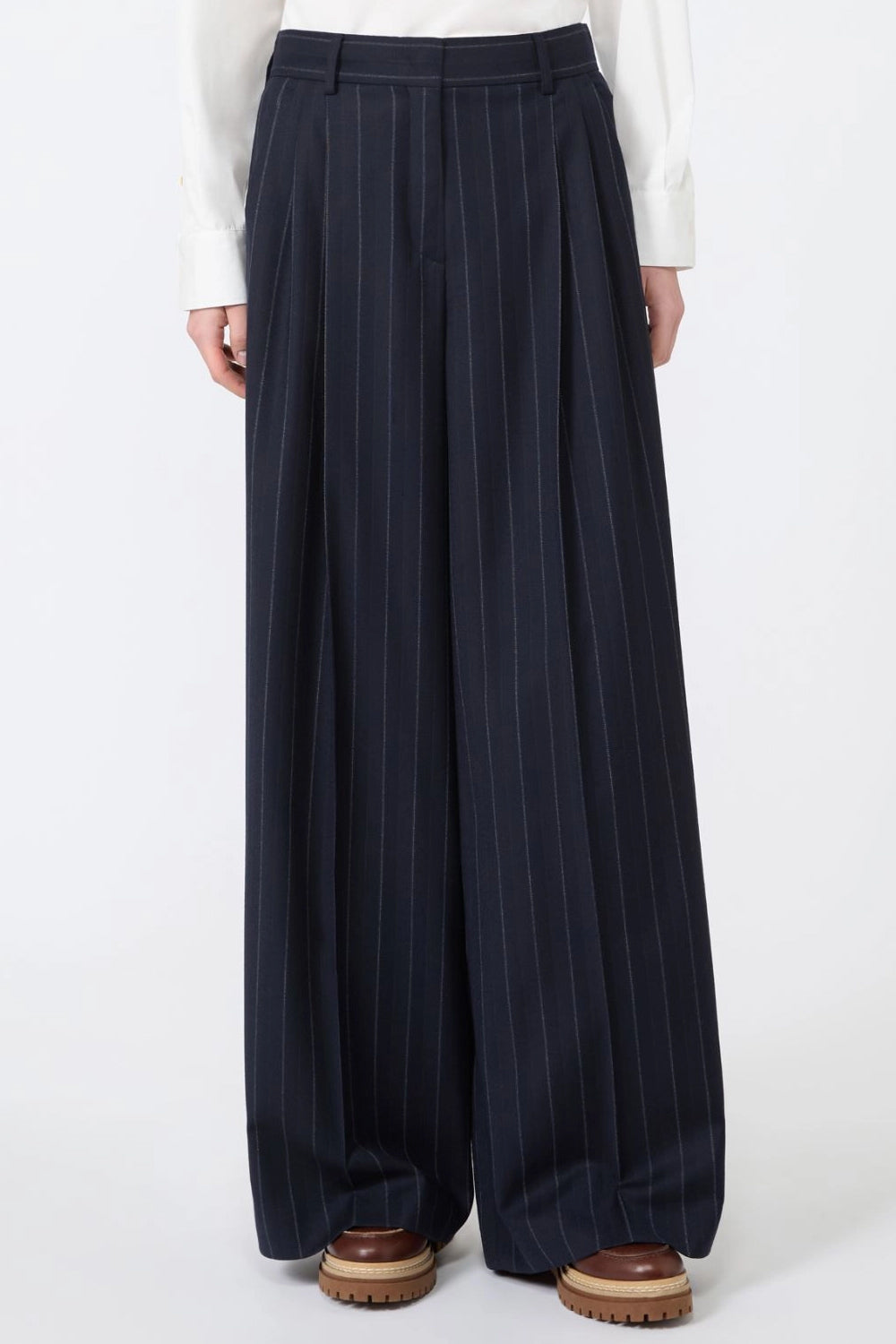 Pantalone in flanella gessata di lana WKDNEBBIE 001BLU Max Mara Weekend 