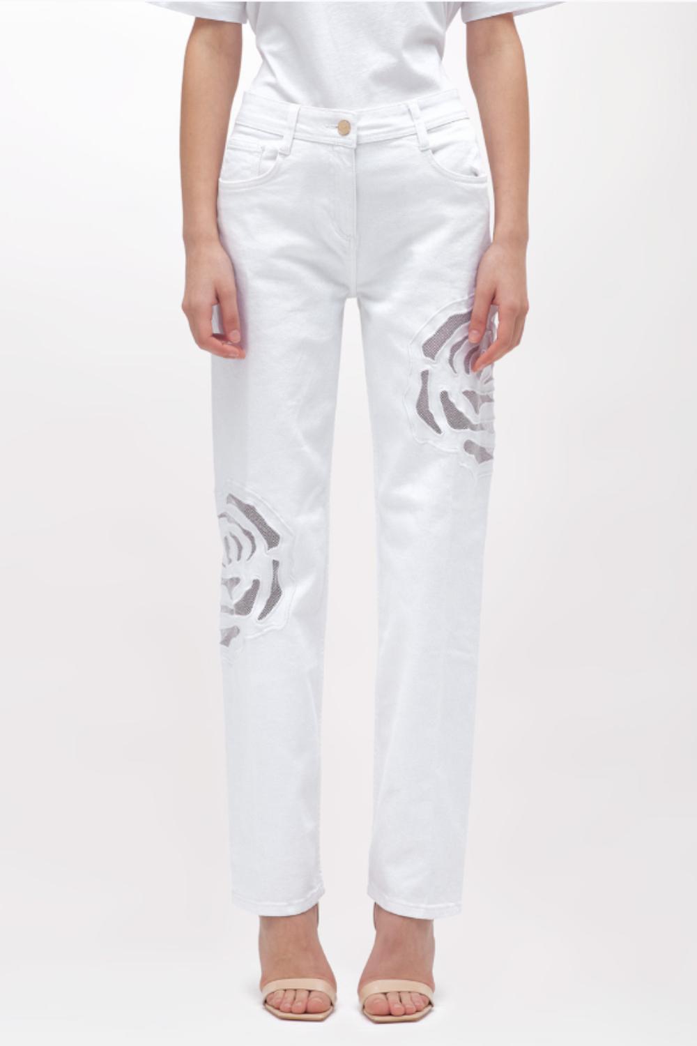 PANTALONI IN GABARDINA CON ROSE INTAGLIATE<BR/> RA5116 T691014300 Blugirl 