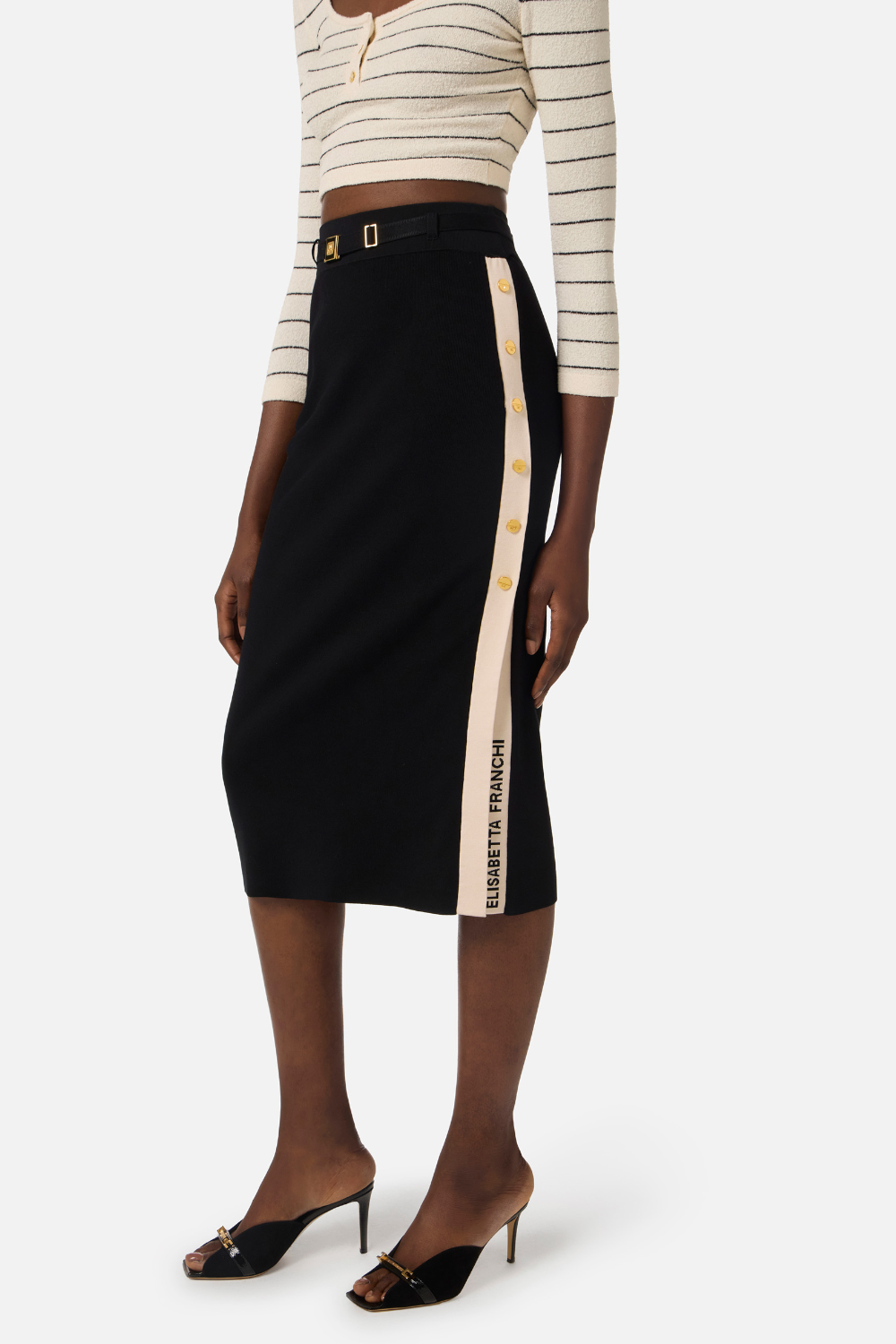 Gonna Midi Elisabetta Franchi in Maglia Jacquard con Logo e Dettagli Dorati GK27S 61E2685 Elisabetta Franchi 