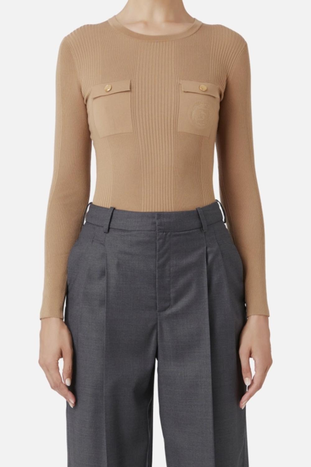 Maglia girocollo in viscosa e seta a costine con ricamo logo<BR/> MK10B 46E2032 Elisabetta Franchi 