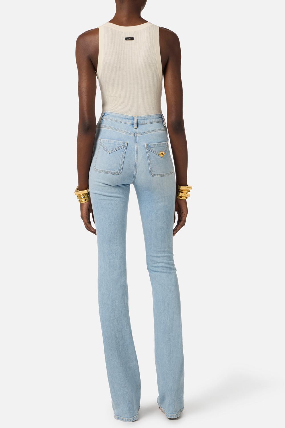 Pantaloni Elisabetta Franchi in Denim a Zampetta con Dettagli Dorati<BR/> PJ24N 61E2192 Elisabetta Franchi 
