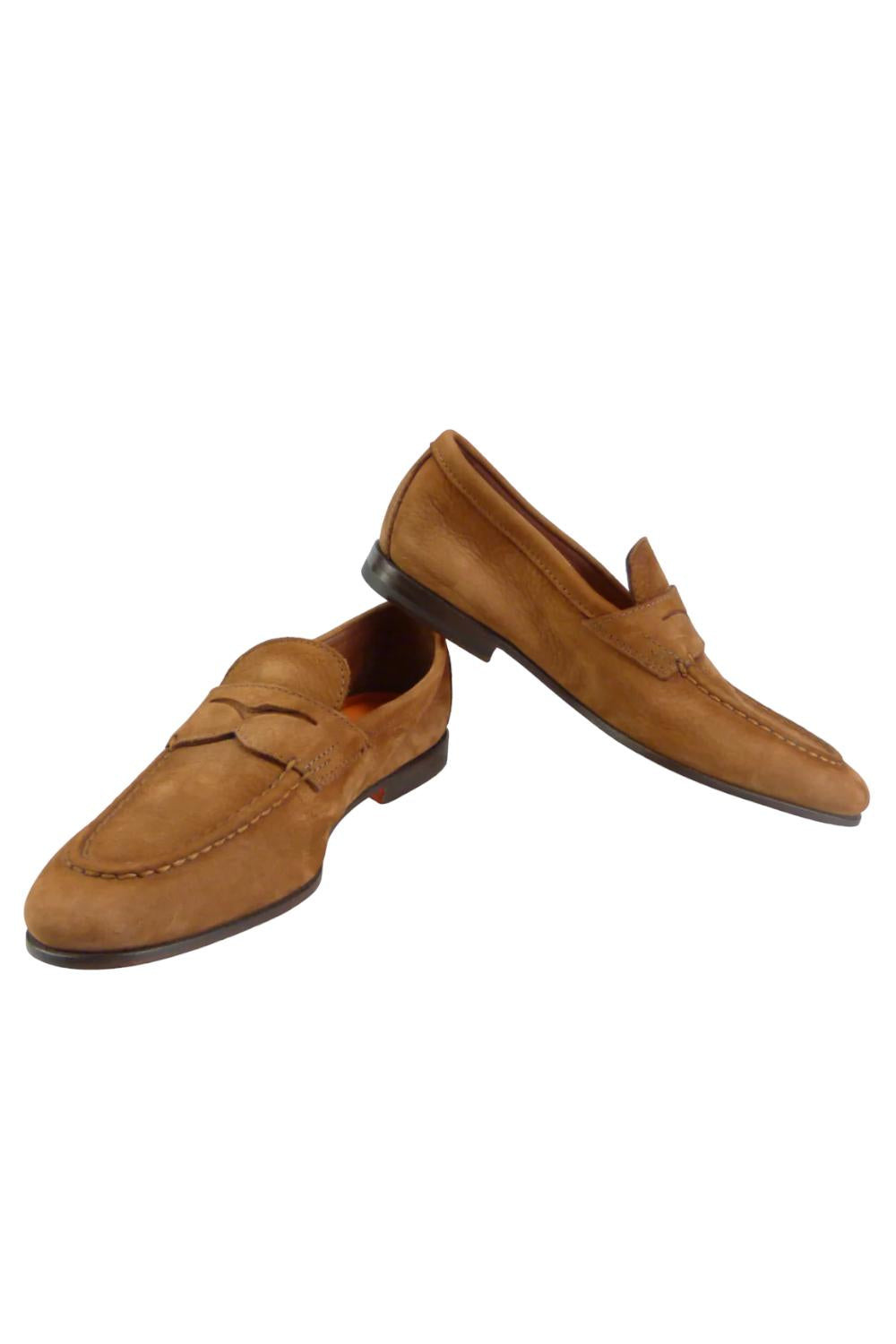 mocassino da uomo in pelle martellata marrone chiaro, fascia frontale con decoro, cuciture a vista, interno in pelle, suola con tacco. MCNC18007SA4SETGM31 MARRONE Santoni 