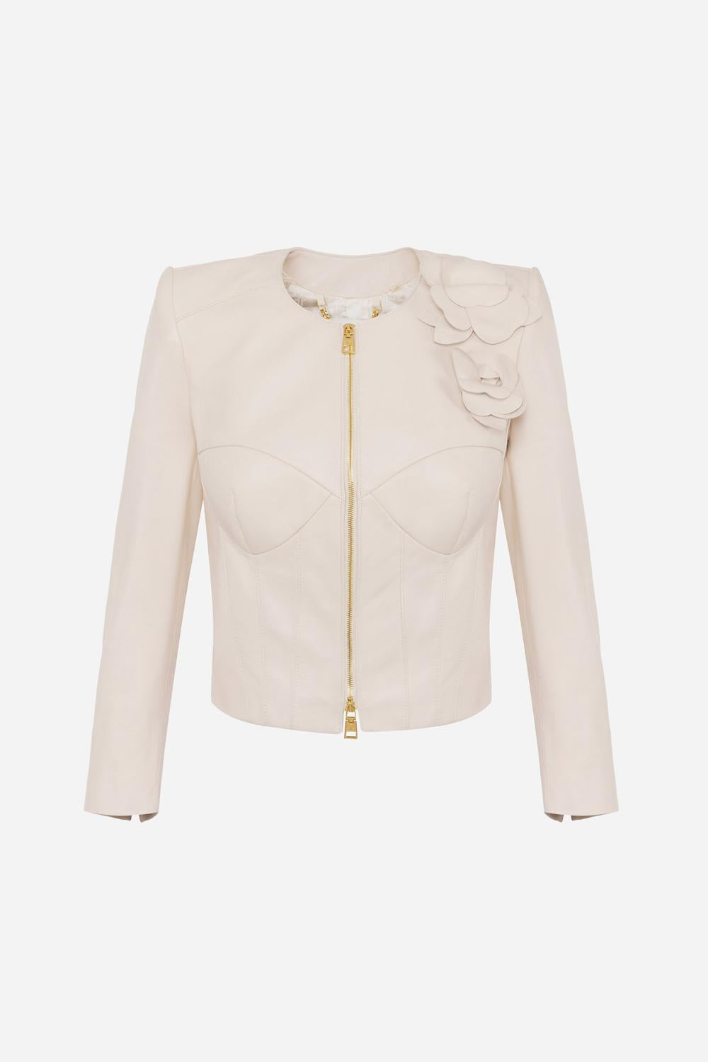 Giacca in pelle con fiori applicati<BR/> GD45Z 51E2193 Elisabetta Franchi 