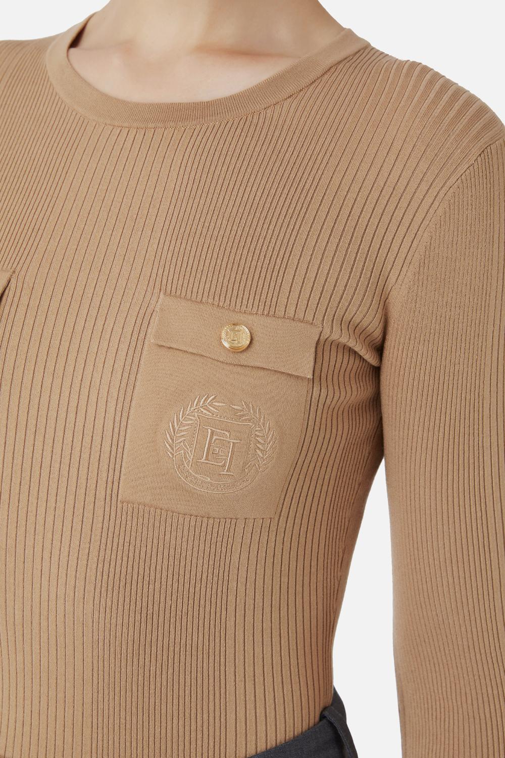 Maglia girocollo in viscosa e seta a costine con ricamo logo<BR/> MK10B 46E2032 Elisabetta Franchi 