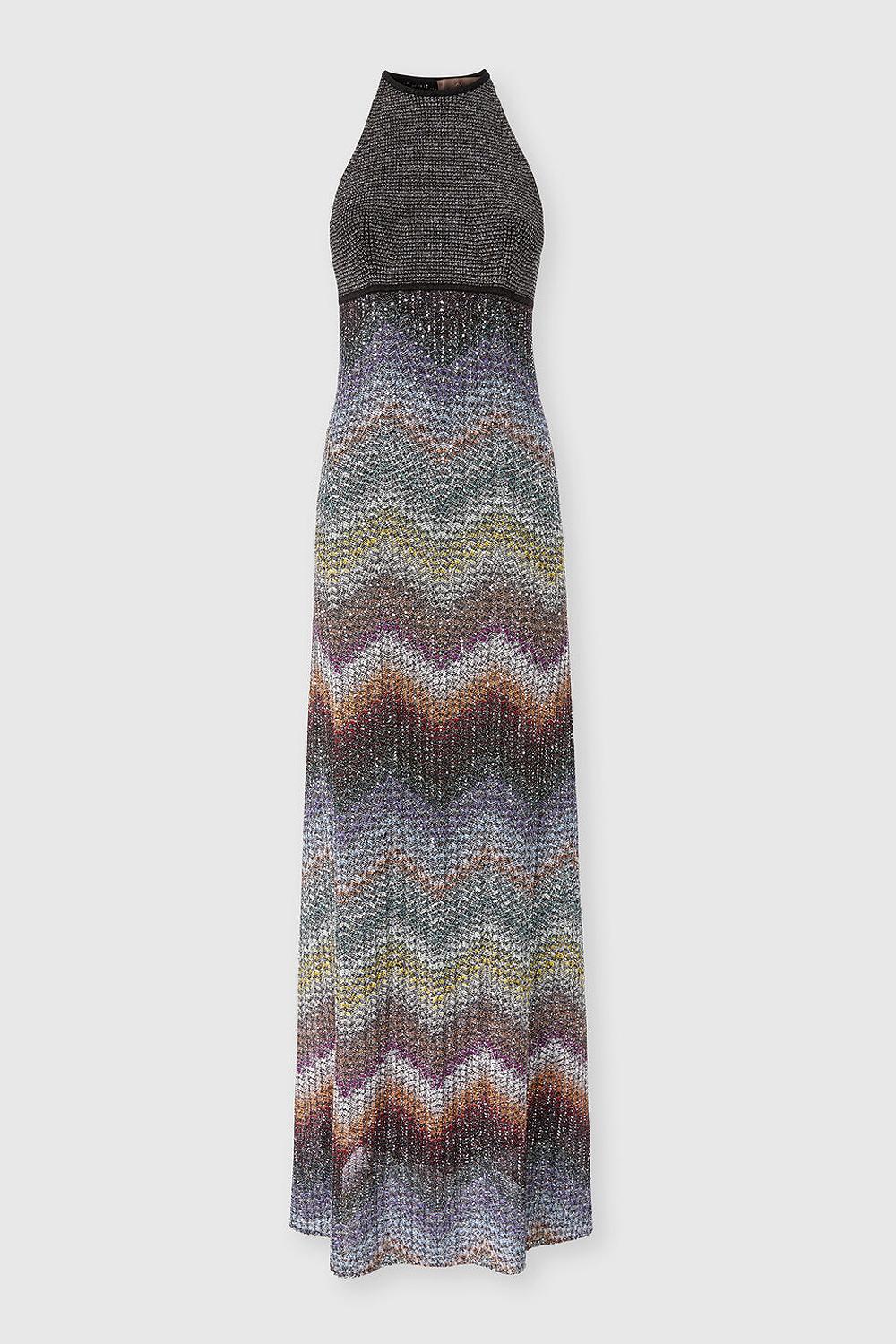 Abito lungo con scollo all'americana in maglia zig zag greca con paillettes DS26SG05 BC005YS72P0 Missoni 