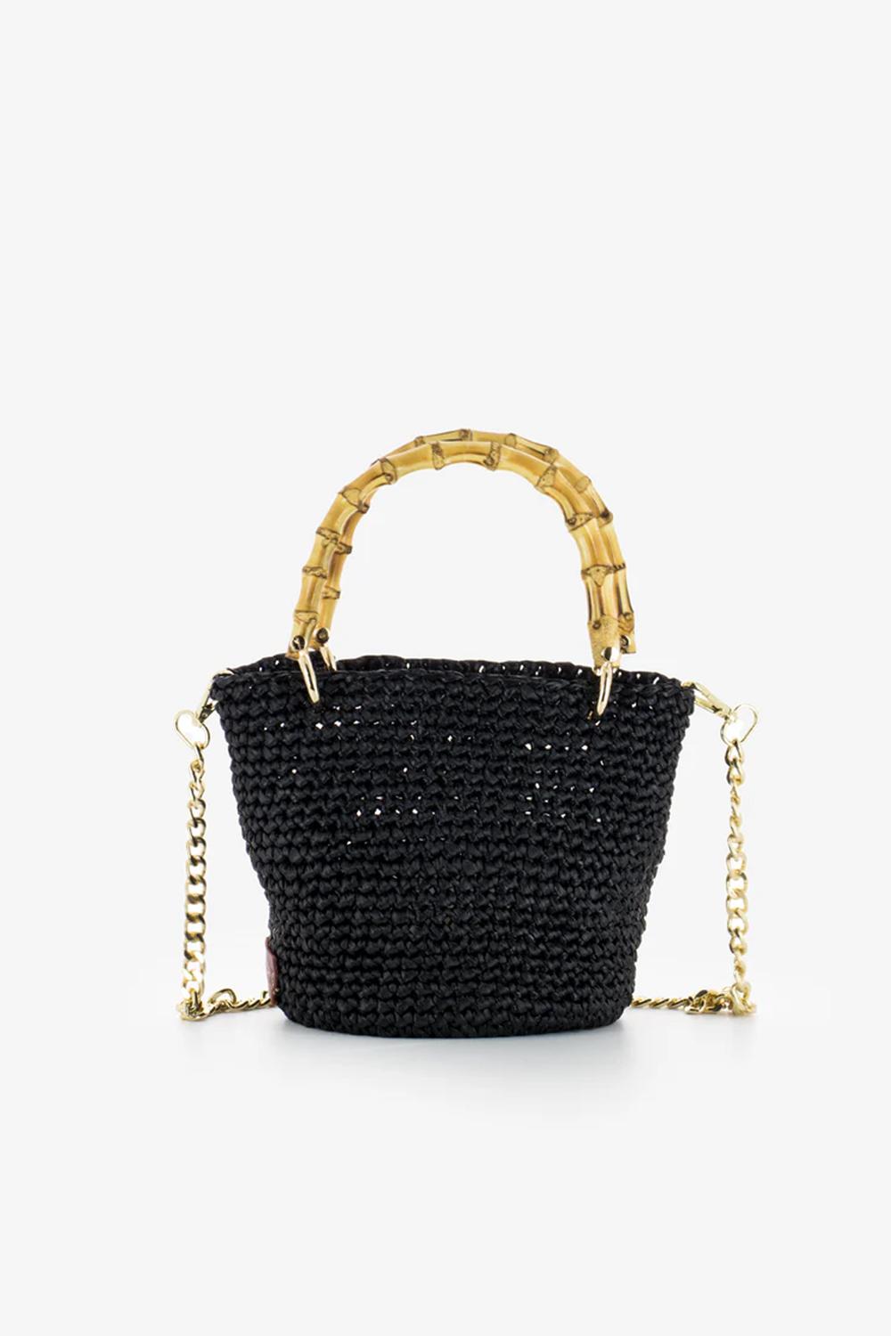 bag with double bamboo handle detachable internal pouch with zip closure detachable chain shoulder strap