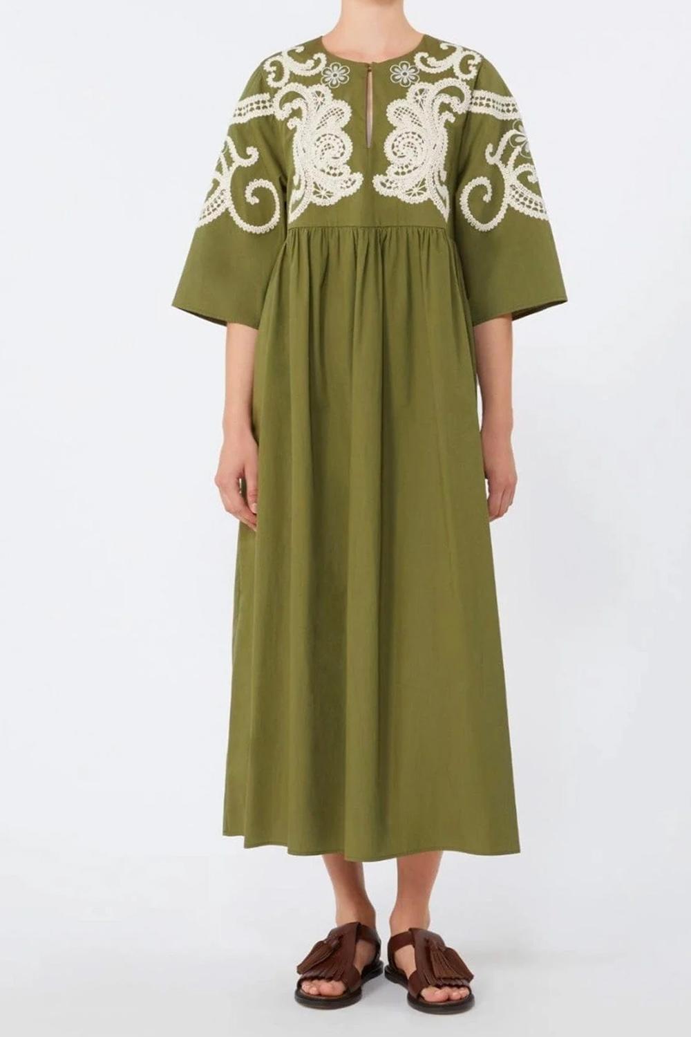 Abito lungo ricamato WKDTILDE 002VERDE KAKI  
