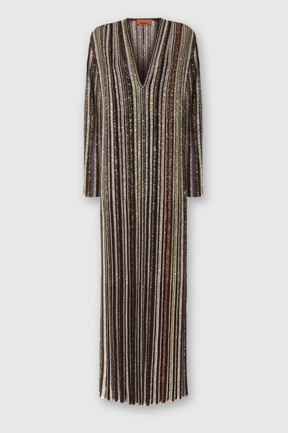 Abito lungo con scollo a V in maglia a righe spigata<BR/> DS25WG05 BK01C3SM9T5 Missoni 