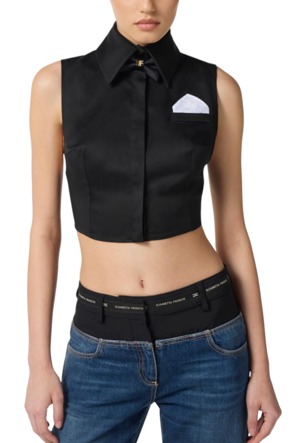 Camicia cropped in raso di cotone con papillon<BR/> CA105 56E2110 Elisabetta Franchi 